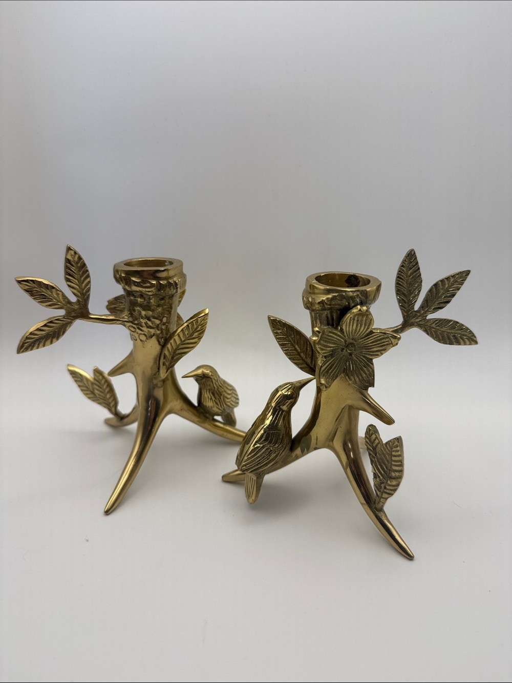 Brass Bird & Branch Floral Antler Candle Holders Set of 2